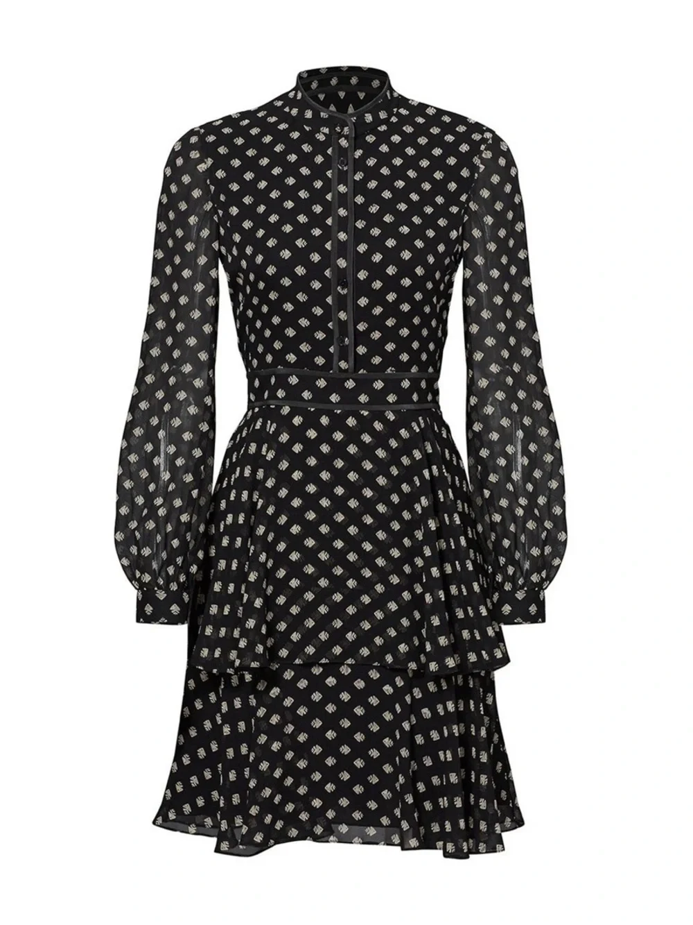 Tory Burch Black Long-Sleeve Tiered Dress with Cream Print